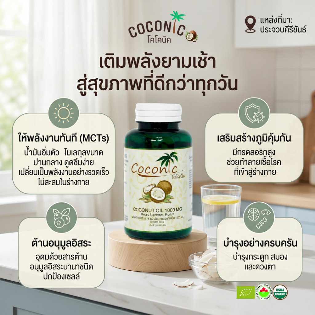 โคโคนิค แคปซูลน้ำมันมะพร้าวสกัดเย็น 60 เม็ด 1000mg. Organic Coconut Oil 100% USDA