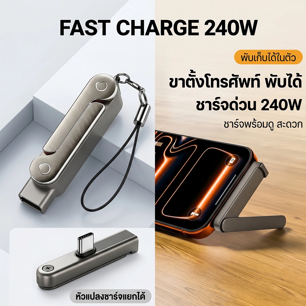 สายชาร์จเร็ว  สายชาร์จType-C 240W 2ใน1 พับได้ทนทาน ปรับมุมได้ เล่นเกมดูหนัง สินค้าใหม่ COD