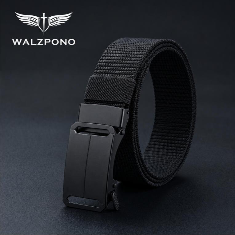 เข็มขัดผู้ชายดีไซน์พรีเมียม WALZPONO หัวเข็มขัดล็อกสะดวก สายไนลอนถักทนทาน สีดำ สไตล์ธุรกิจลำลองและเอาต์ดอร์