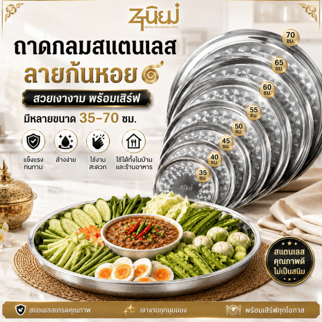 ถาดกลมสแตนเลส ลายก้นหอย ปลอดภัยไร้สารปนเปื้อน มีให้เลือก7ขนาด ถาดใส่อาหาร ถาดเสิร์ฟอาหาร ไม่ขึ้นสนิม