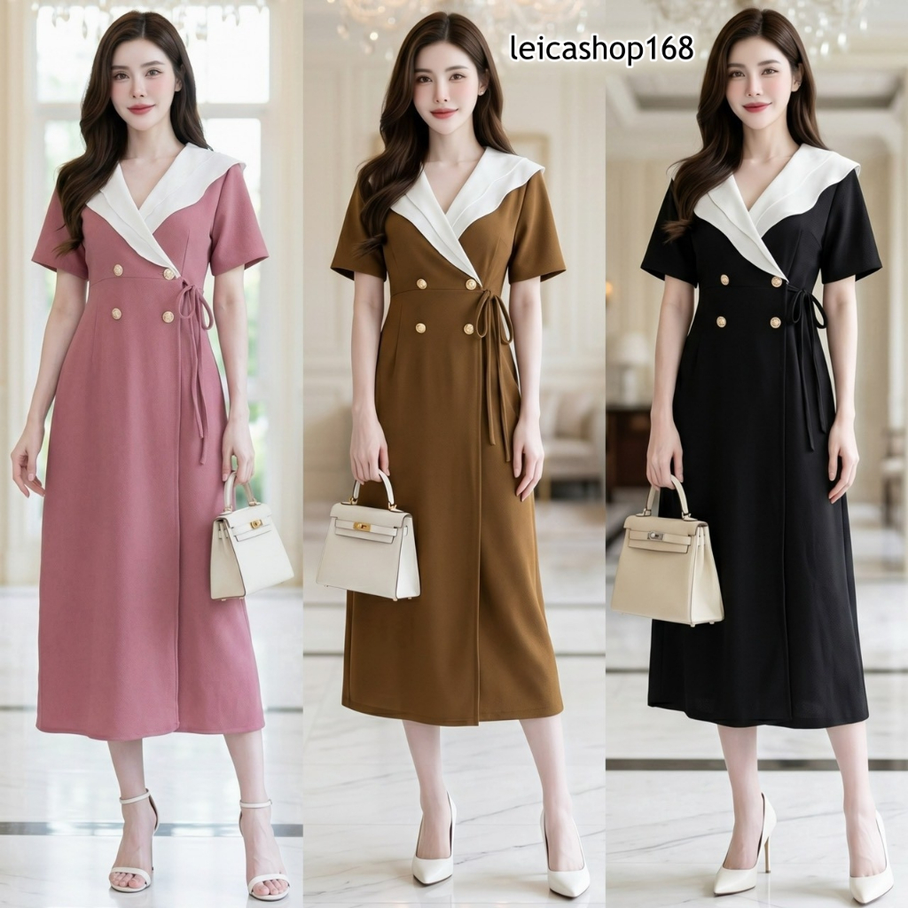 สินค้าพร้อมส่ง ชุดเดรส  ใส่ออกงาน ใส่ทำงาาน ผ้าวูลเวฟ คอปกระบายผ้าไหมอิตาลี ป้ายข้างผูกข้าง กระดุมเมอแรง A8190