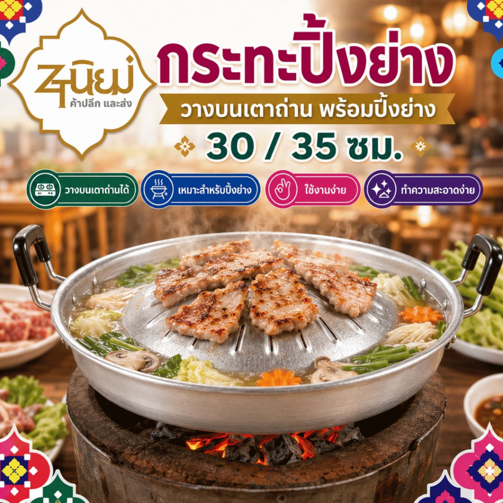 กระทะหมูกระทะ ขนาด 30 ซม. และ 35 ซม. ผลิตจากอลูมิเนียม เตาปิ้งย่าง กระทะย่างเกาหลี หูจับทนความร้อนสูง พร้อมส่ง