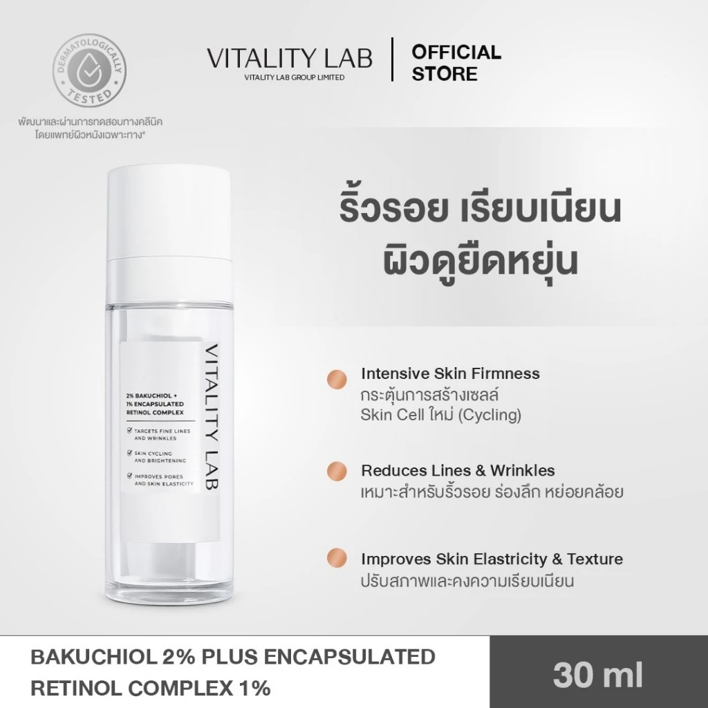 Bakuchiol 2% + Encapsulated Retinol Complex 1% เรตินอลเซรั่มจากธรรมชาติสำหรับคนที่มีปัญหาริ้วรอยและร่องลึก VITALITY LAB