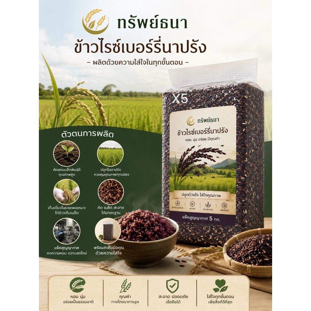 บรรจุ5กิโลกรัม แพคสุญญากาศอย่างดี ข้าวไรซ์เบอร์รี่นาปรัง ตราทรัพย์ธนา หอม นุ่ม ทานง่าย