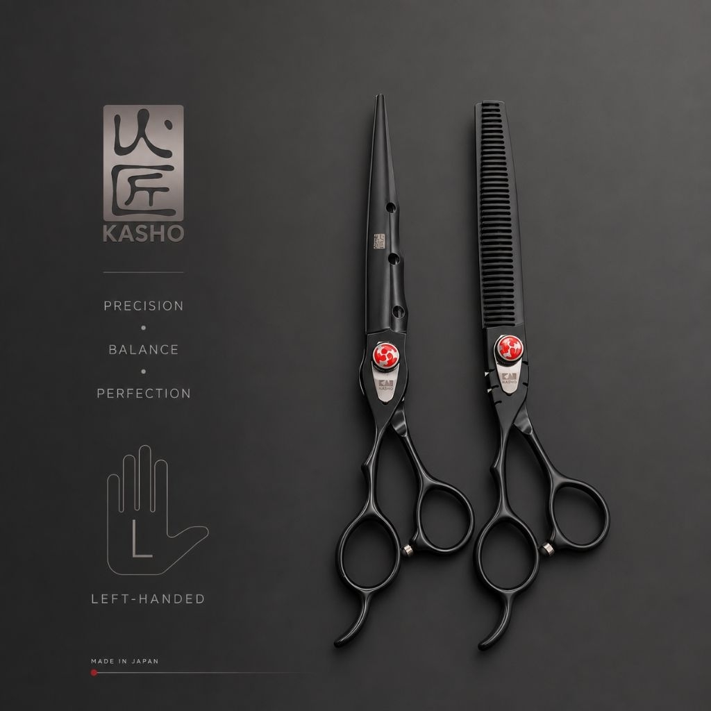 KASHO กรรไกรตัดผม1คู่ (มือซ้าย) ขนาด7 นิ้ว สีดำพิเศษ Made in Japan