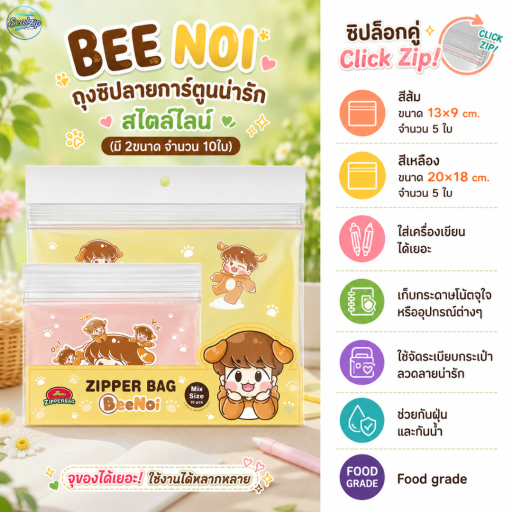ถุงซิปเกรดพรีเมียม ซิปดี ลายน่ารัก Sealzip ถุงซิปพรีเมียม ลายบีน้อย 1 แพ็ค 10 ใบ ใช้เก็บของได้สารพัด