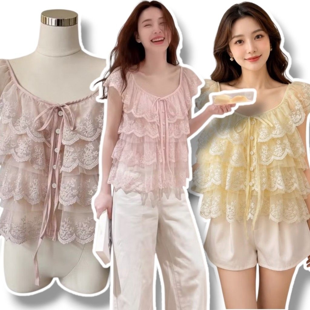 พร้อมส่ง เสื้อแขนตุ๊กตาแขนสั้นแต่งลูกไม้3ชั้น มาพร้อมสายริบบิ้นผูกที่คอน่ารักลูกคุล
