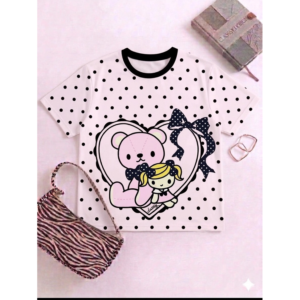 เสื้อยืดคอกรมผ้ายืดรายน่ารักอก44-46”ยาว25 ยืดได้อิก