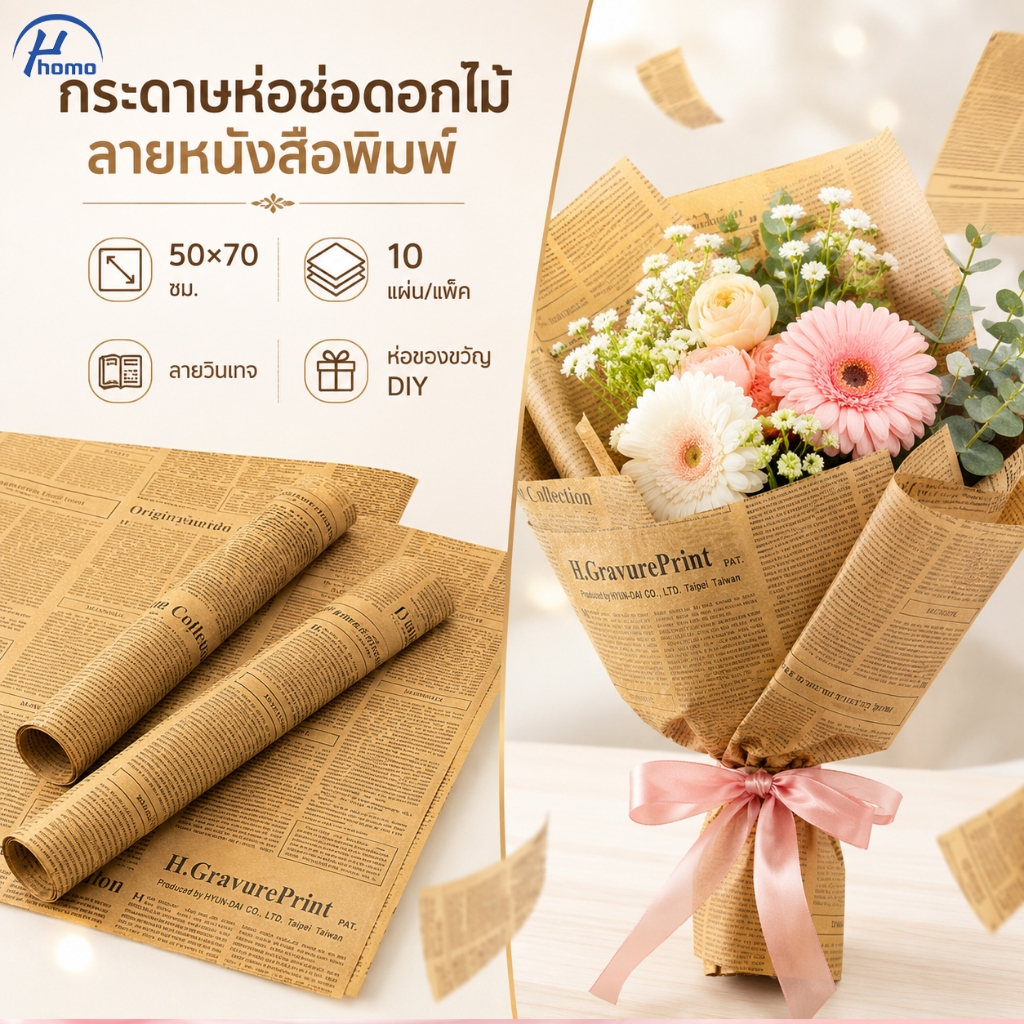 กระดาษคราฟท์ห่อดอกไม้ ลายวินเทจหนังสือพิมพ์ 10 แผ่น ขนาด 50×70 ซม. ห่อของขวัญ งาน Florist