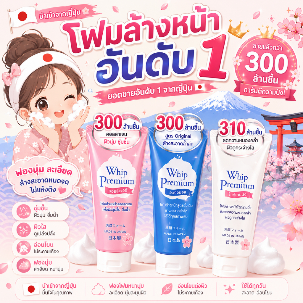 💢 ส่งไวมาก💢โฟมล้างหน้า Whip Premium Facial Foam วิป พรีเมี่ยม ขนาด 140g ขายดีอันดับ 1 ในญี่ปุ่น 🌸