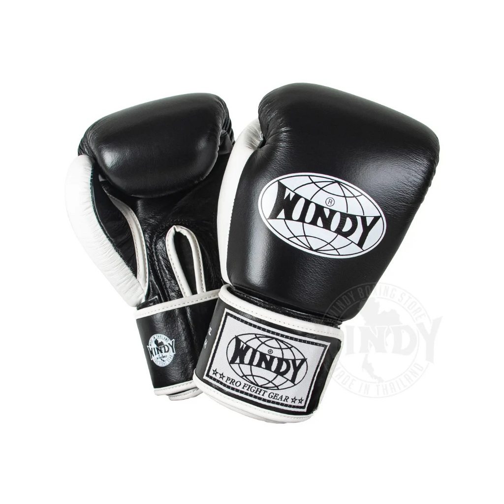 Windy Boxing Gloves Black White Leather BGVH-WB นวมชกมวยไทย สีดำขาว หนังวัวแท้ หนังคัดพิเศษ | Windy 