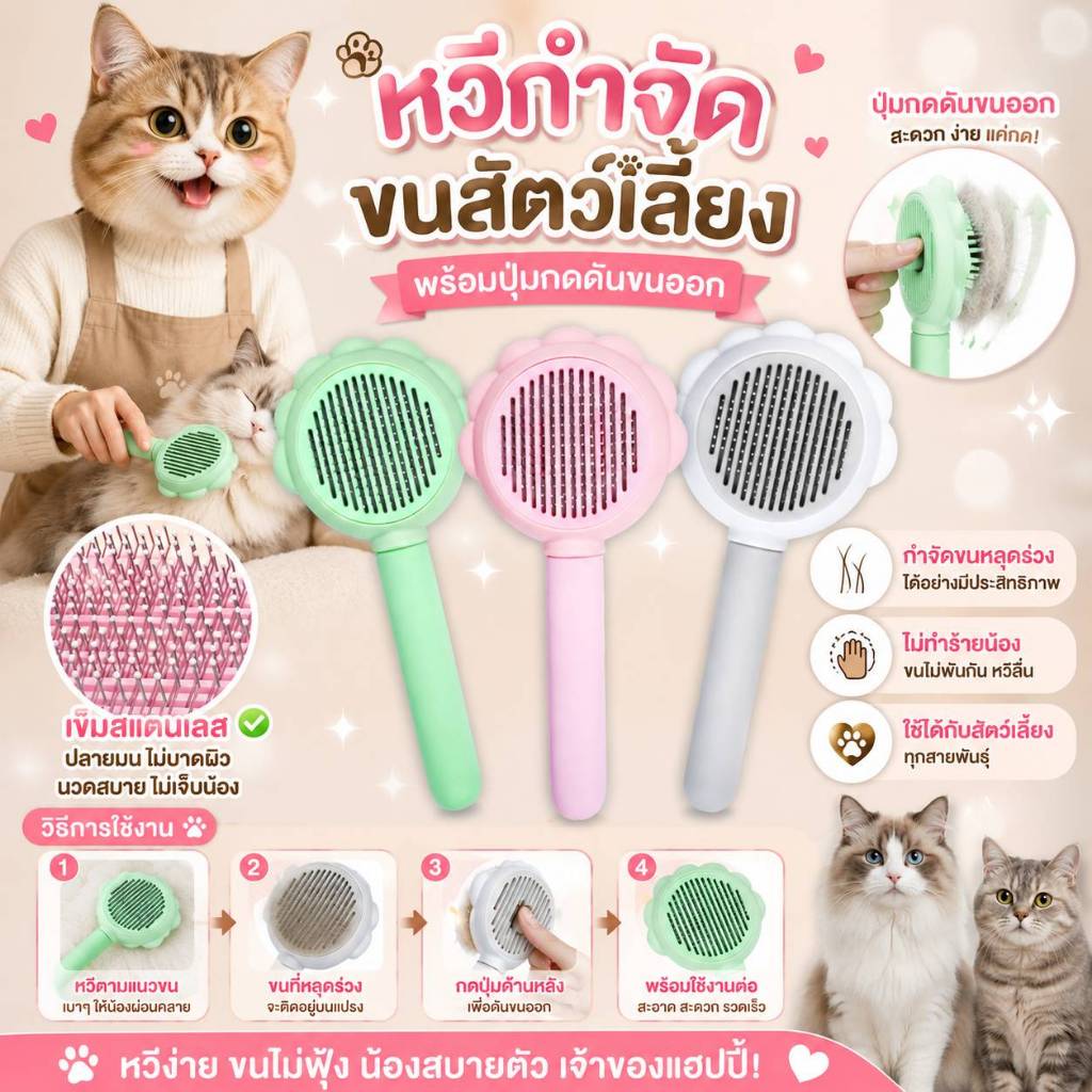 Boqi Factory หวีกําจัดขน มีปุ่มกดดันขน แปรงหวีขนสัตว์ ทําความสะอาดง่าย สําหรับสัตว์เลี้ยง สุนัข แมว 10077