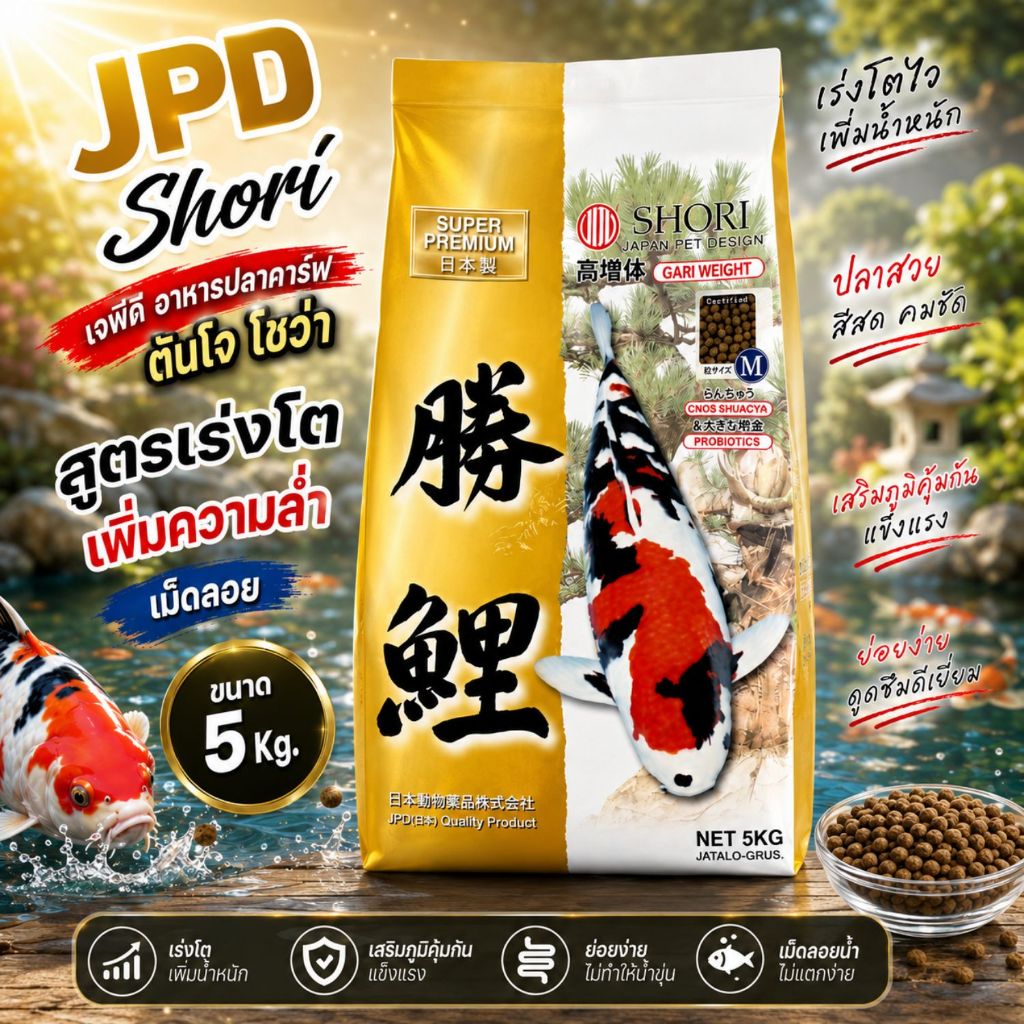 Shori เม็ดลอย 5 Kg อาหารปลาคาร์ฟนำเข้าญี่ปุ่น JPD เร่งโต โปรตีน 45%