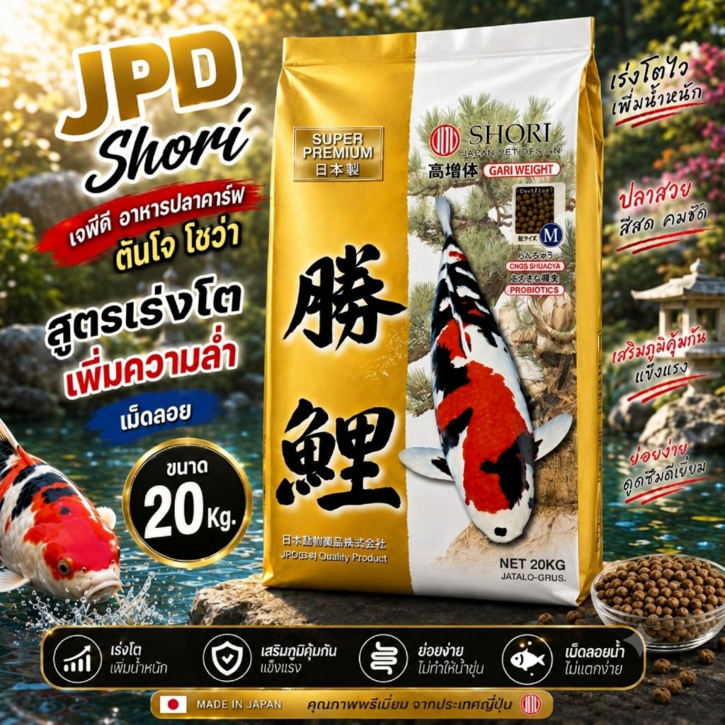 Shori เม็ดจม 20 Kg อาหารปลาคาร์ฟนำเข้าญี่ปุ่น JPD เร่งโต โปรตีน 45%