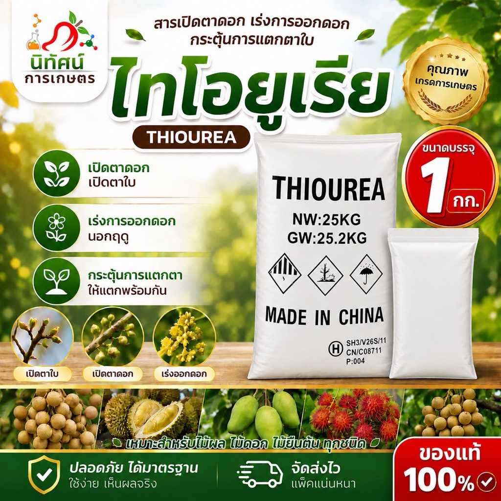 ไทโอยูเรีย สารเปิดตาใบและเปิดตาดอก กระตุ้นการแตกใบอ่อน เร่งการออกดอกของไม้ผล นอกฤดูกาล ปริมาณ 1 กิโลกรัม