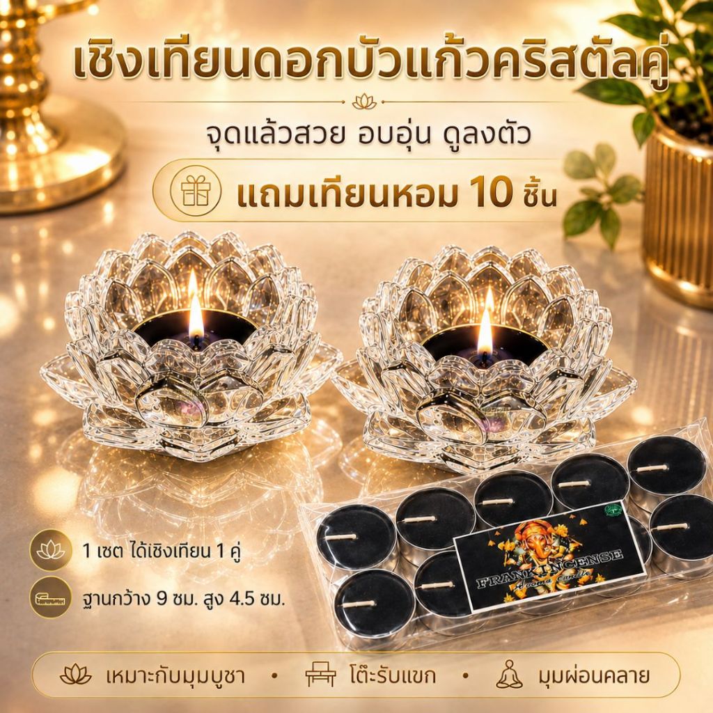 เชตสุดคุ้มเชิงเทียน​ดอกบัวแก้วคริสตัลคู่ พร้อมเทียนหอม10ชิ้น ของตั้งหิ้งพระ ของแต่งมุมบูชา