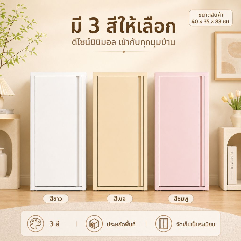 ตู้เหล็กเก็บของบานเดี่ยว 3 ช่อง ชั้นปรับระดับได้ ขนาด 40x35x88 ซม. ตู้เก็บของมินิมอล สำหรับบ้านและคอนโด