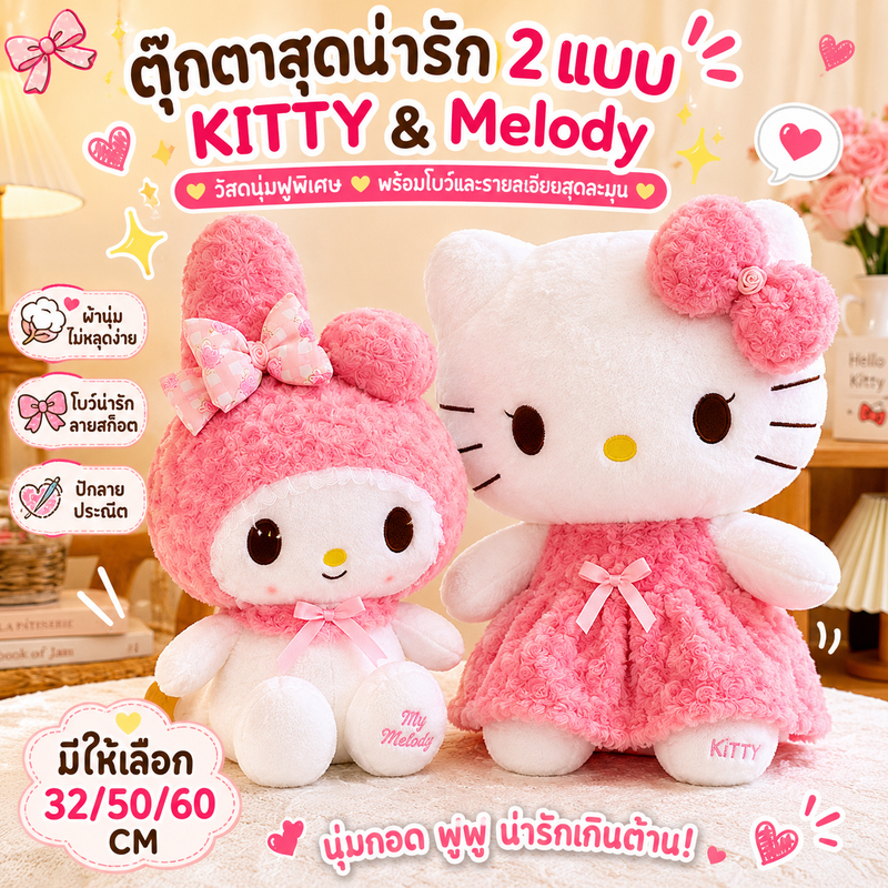 35/65 ซม. ตุ๊กตาแมวน่ารัก ลายกุหลาบ กระต่ายหวาน สไตล์คาวาอี้ ตุ๊กตานุ่ม หมอนกอด ของขวัญวันเกิดเด็ก