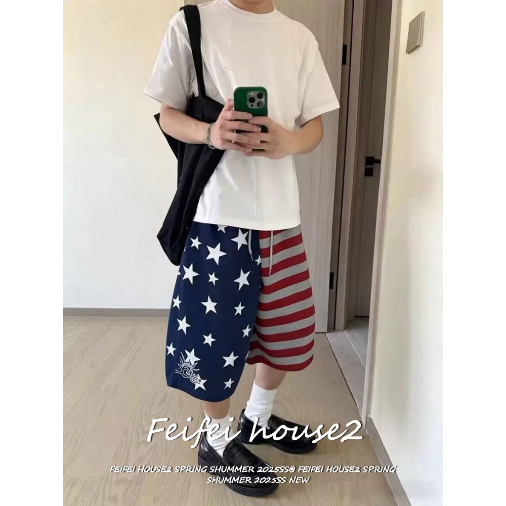 [Feifei-Star printed cropped pants]กางเกงคาปรีสไตล์กีฬาย้อนยุคอเมริกันพิมพ์ดาวลายทางสีตัดกัน