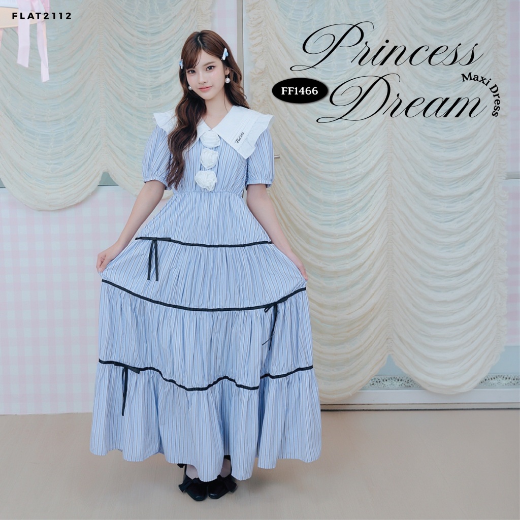 FLAT2112 : PRINCESS DREAM MAXI DRESS เดรสสั้นสีฟ้าลายทาง ดีไซน์หวานละมุน ให้ลุคลูกคุณหนูสไตล์เกาหลี เดรสแขนพอง (FF1466)
