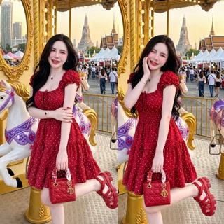 เดรสแขนตุ๊กตาโพกะดอท เอวสม็อค สาวอวบใส่ได้ (อก30-48)