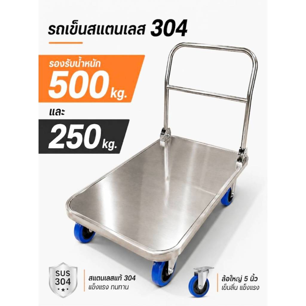 รถเข็นสแตนเลส เกรด 304 แท้ รับน้ำหนัก 250 และ 500kg. รถเข็นลากสินค้า เหมาะใช้งานโกดัง โรงพยาบาล ห้องแล็บ ภัตตาคาร โรงงาน