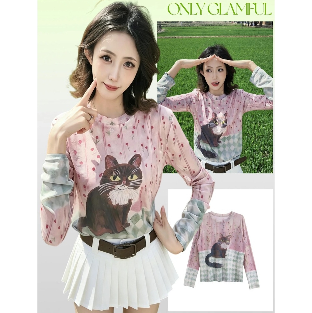 OG สไตล์หวานสีชมพูแมวลายพิมพ์ผ้าตาข่ายบางเสื้อยืดแขนยาวลำลองทรงเข้ารูปป้องกันแดดเสื้อด้านบน