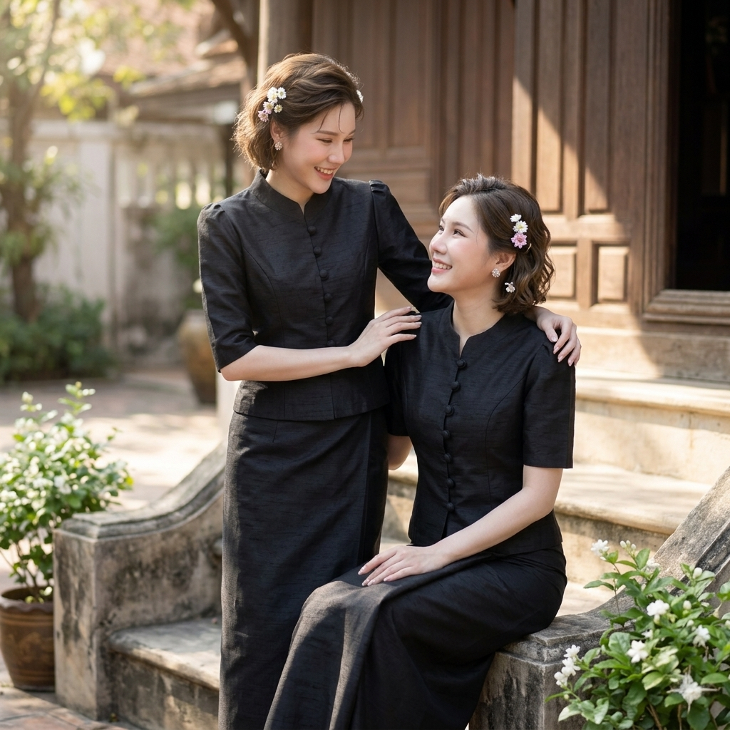เสื้อไหมลาว รหัส ยน สีดำ ไซส์ 32-44 นิ้ว คอหยดน้ำ คอจีน กระดุมหน้า เป็นโทนสีดำที่สุภาพ