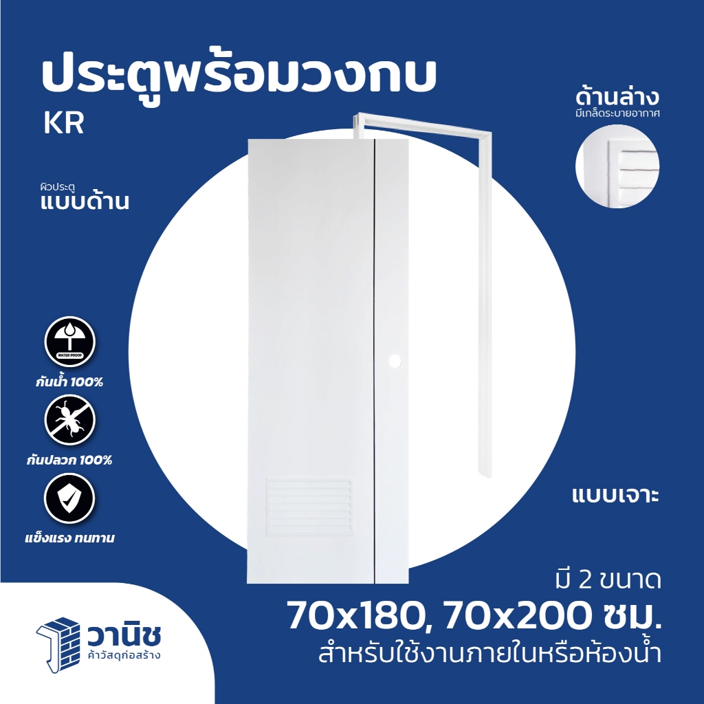 ประตูพร้อมวงกบ UPVC KR ขนาด 70x180, 70x200 ซม. KRZ สีขาว แบบเจาะ มีเกล็ดระบายอากาศ I ใช้ห้องน้ำหรือภายใน