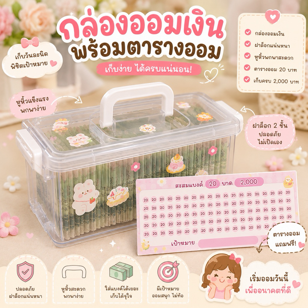 กล่องใส่เงิน/กระปุกออมสิน ฟรีตารางออม และสติ๊กเกอร์ตกแต่ง ใส่ของ บรรจุได้เยอะ