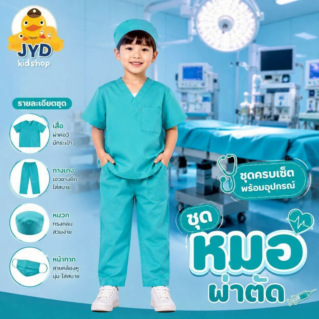 (jyd) ชุดอาชีพเด็ก ชุดหมอฟันสีเขียว ชุดหมอผ่าตัดสีเขียว ชุดหมอเด็ก ชุดในห้องปฏิบัติการ ชุดหมอฟันเด็ก ชุดหมอผ่าตัดเด็ก