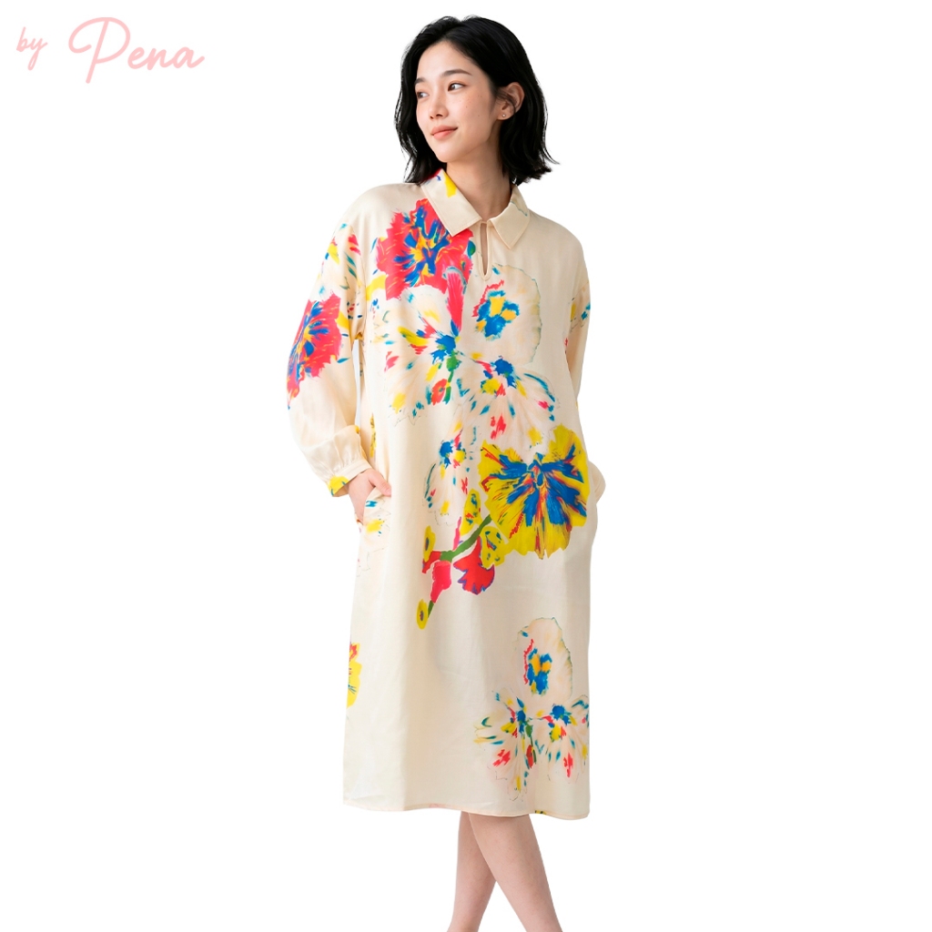 By Pena ชุดเดรสสไตล์เชิ้ต แขนสามส่วน ลายพิมพ์ดอกไม้ BPDL042602
