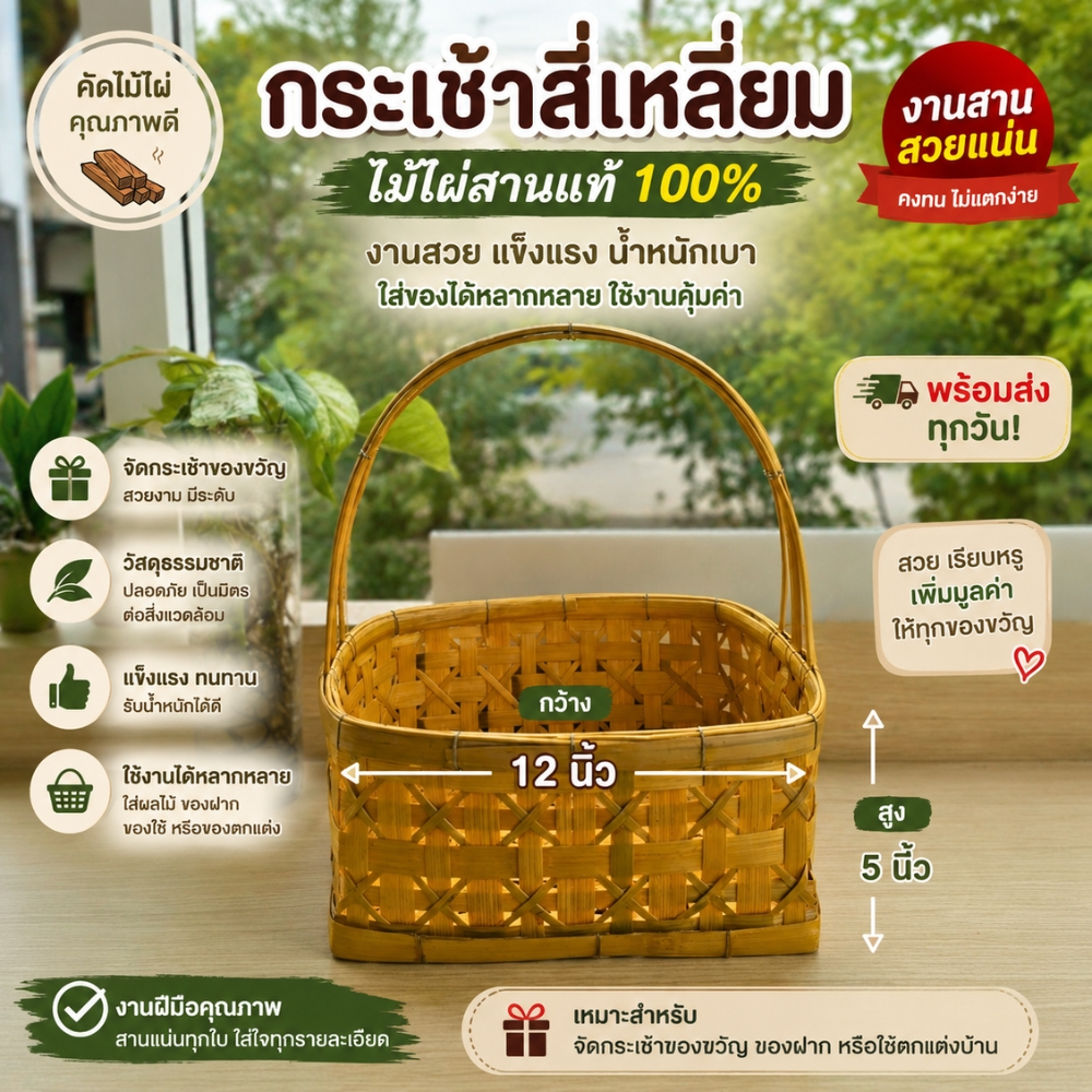กระเช้าสี่เหลี่ยม กระเช้าของขวัญ กระเช้า ตะกร้า กว้าง 12 นิ้ว สูง 5 นิ้ว เหลี่ยม (กระเช้าสี่เหลี่ยมมีหูหิ้ว)