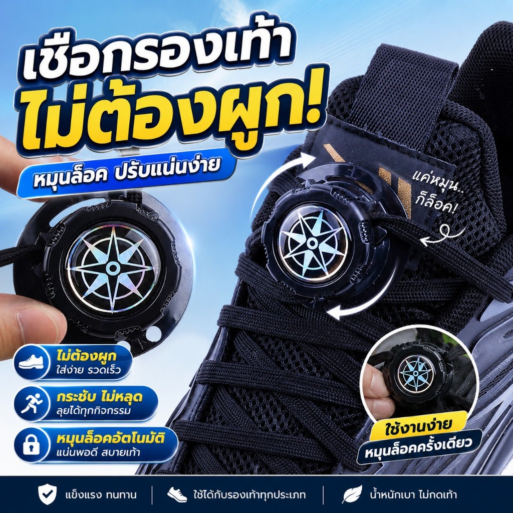เชือกรองเท้าไม่ต้องผูก แบบหมุนล็อคอัตโนมัติ ปรับกระชับง่าย ใส่เร็ว วิ่งได้ ไม่หลุด