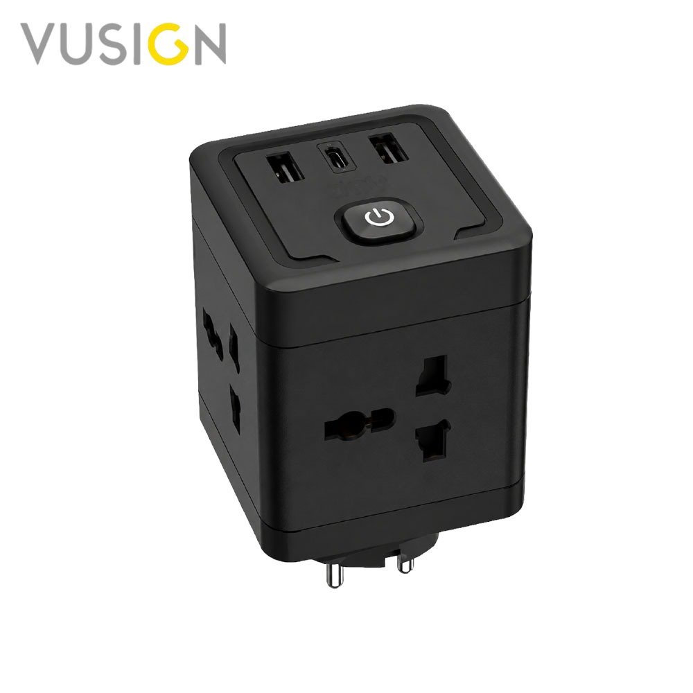 Vusign ปลั๊กแปลง อะแดปเตอร์ สากล 3ตา มีสวิชต์เปิด-ปิด ช่อง USB Type-C 3in1 Socket USB Adapter