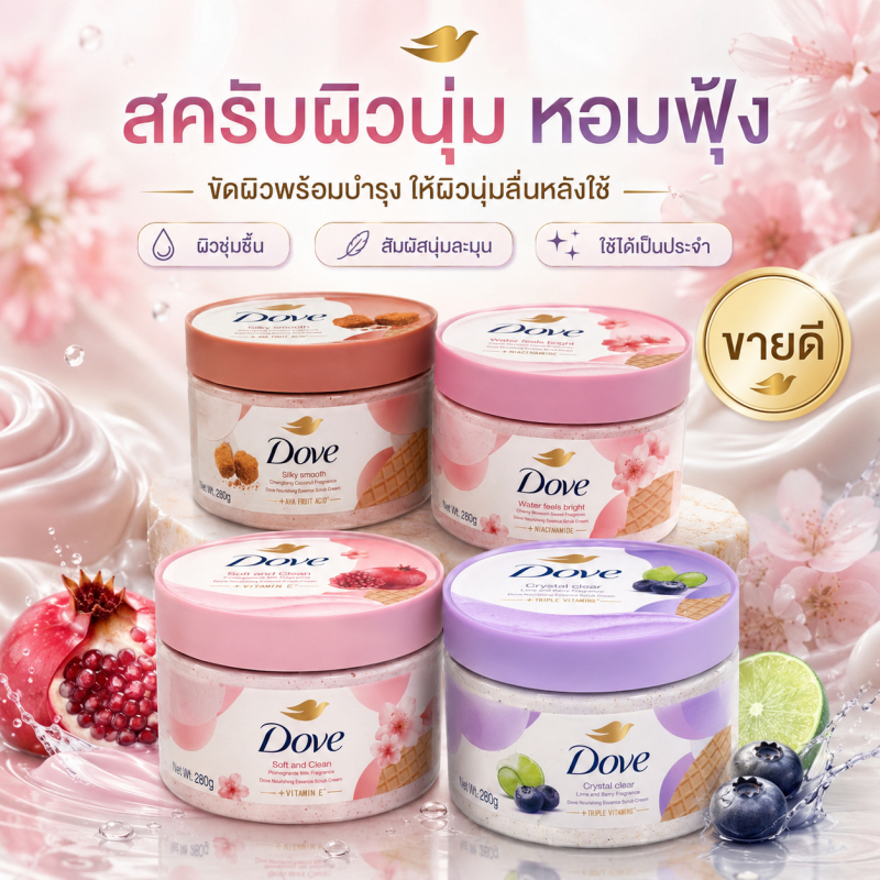 สครับผิวตัว 280g ขัดเบาๆ สิ่งสกปรกหลุด พร้อมบำรุงผิวให้เนียนนุ่ม กลิ่นให้เลือกหลากหลาย ใช้แล้วผิวลื่น กระจ่างใส!