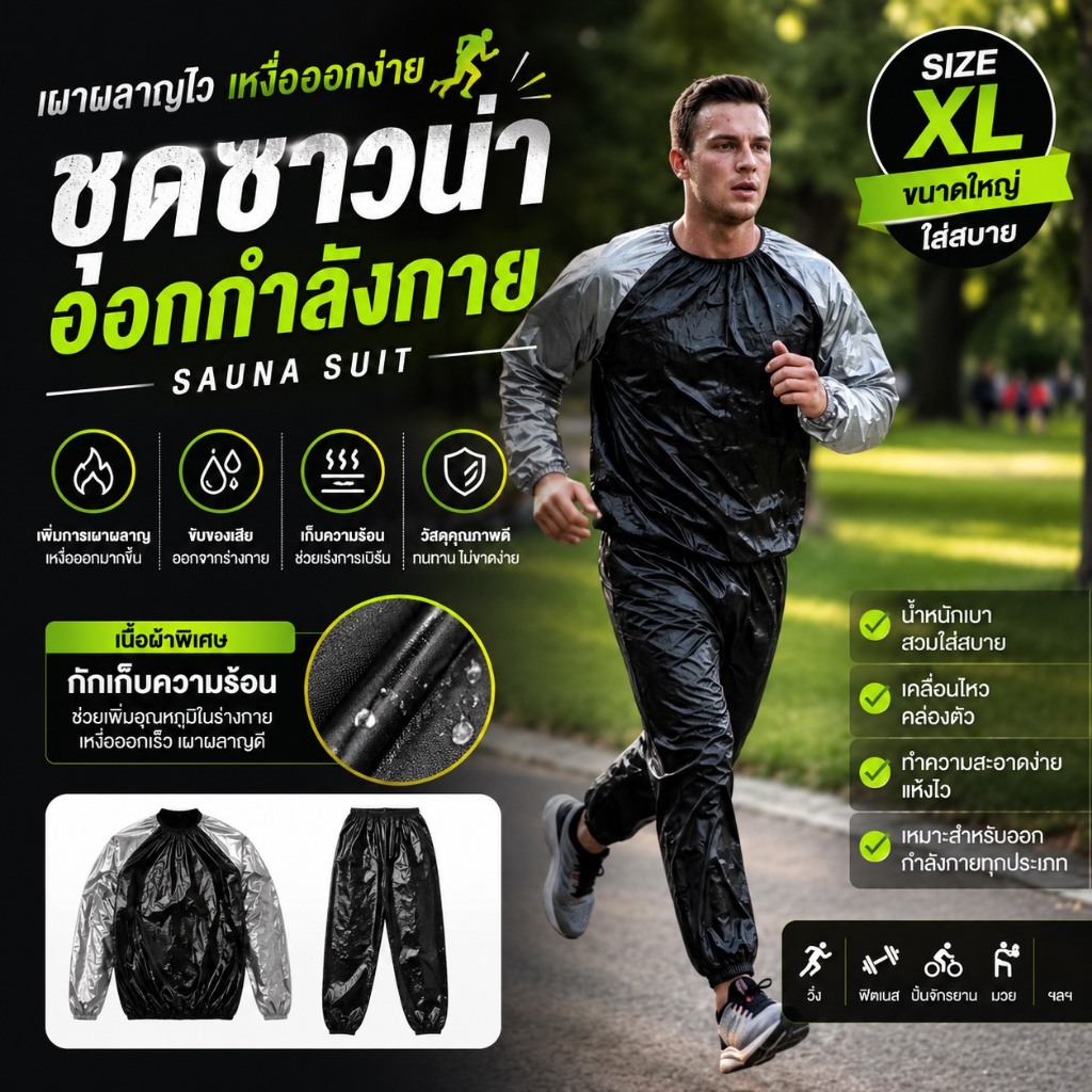 ชุดออกกำลังกาย ขับเหงื่อ ชุดกันฝน ชุดวิ่งรีดเหงื่อ (Sauna Suit) สีดำ/เทา Size XL