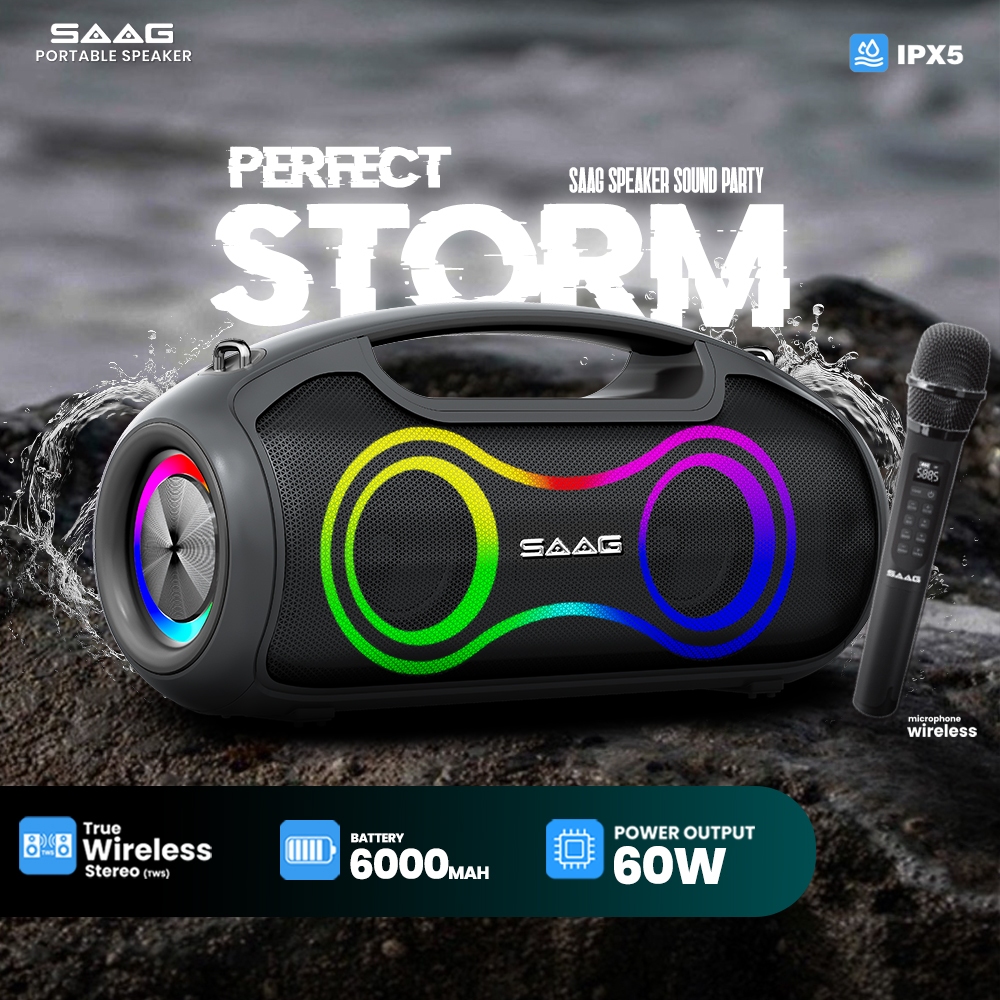 [ส่งฟรี] SAAG PERFECT STORM Portable Speaker ลำโพงกันน้ำ IPX5 ไฟ RGB 60W แบตอึด พร้อมไมค์ไร้สาย ลำโพงปาร์ตี้ บลูทูธ