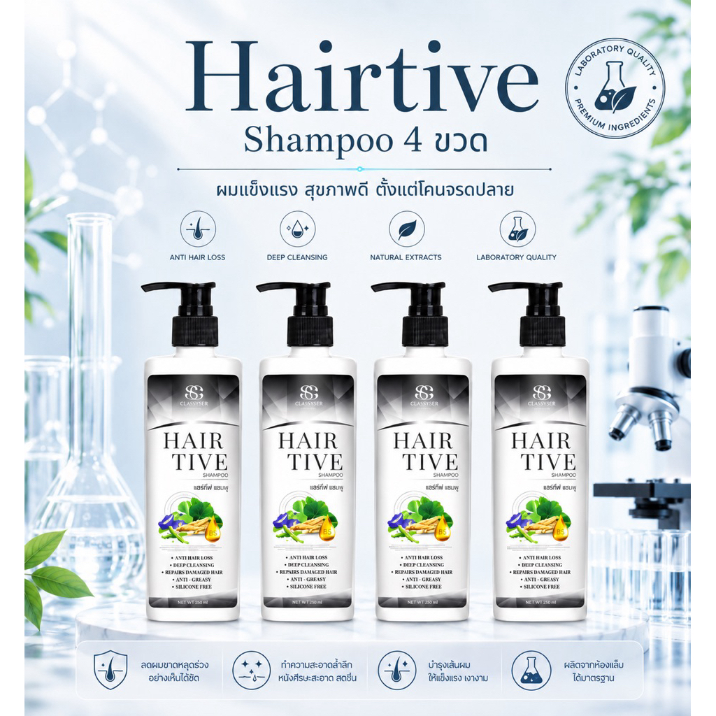 [ 4 ขวด ] Hairtive shampoo แชมพู 4 ขวด ลดผมร่วง ผมหนา ลดรังแค บำรุงผม