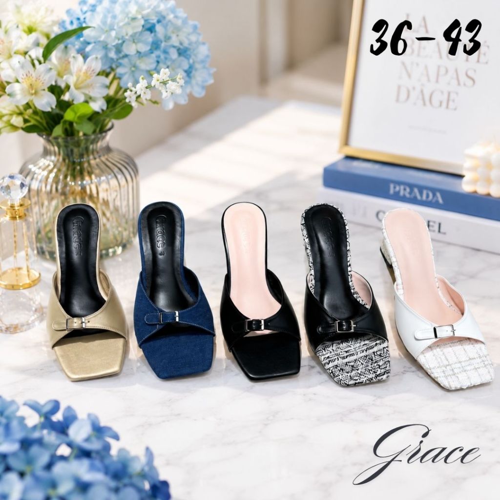 GRACE *PM*รุ่นbelt  2.5 นิ้ว เสริมยางกันลื่น รองเท้าแตะส้นสูง รองเท้าแฟชั่น ไซส์ 36-43