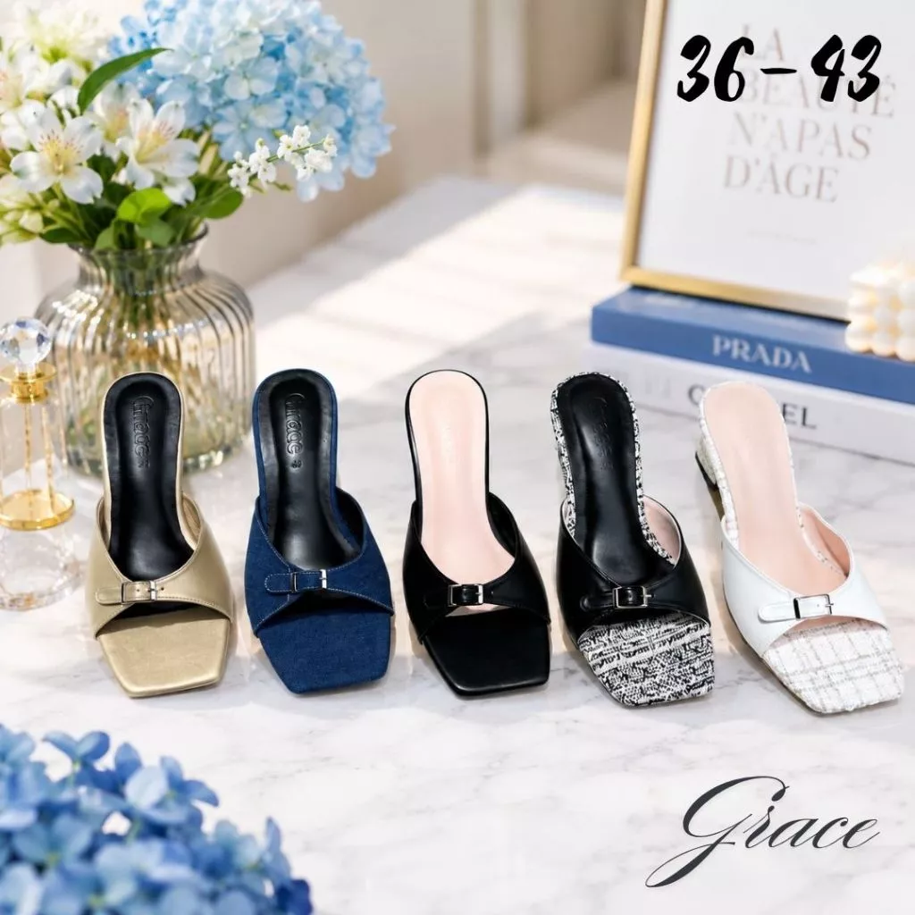 GRACE *PM*รุ่นbelt 2.5 นิ้ว เสริมยางกันลื่น รองเท้าแตะส้นสูง รองเท้าแฟชั่น ไซส์ 36-43