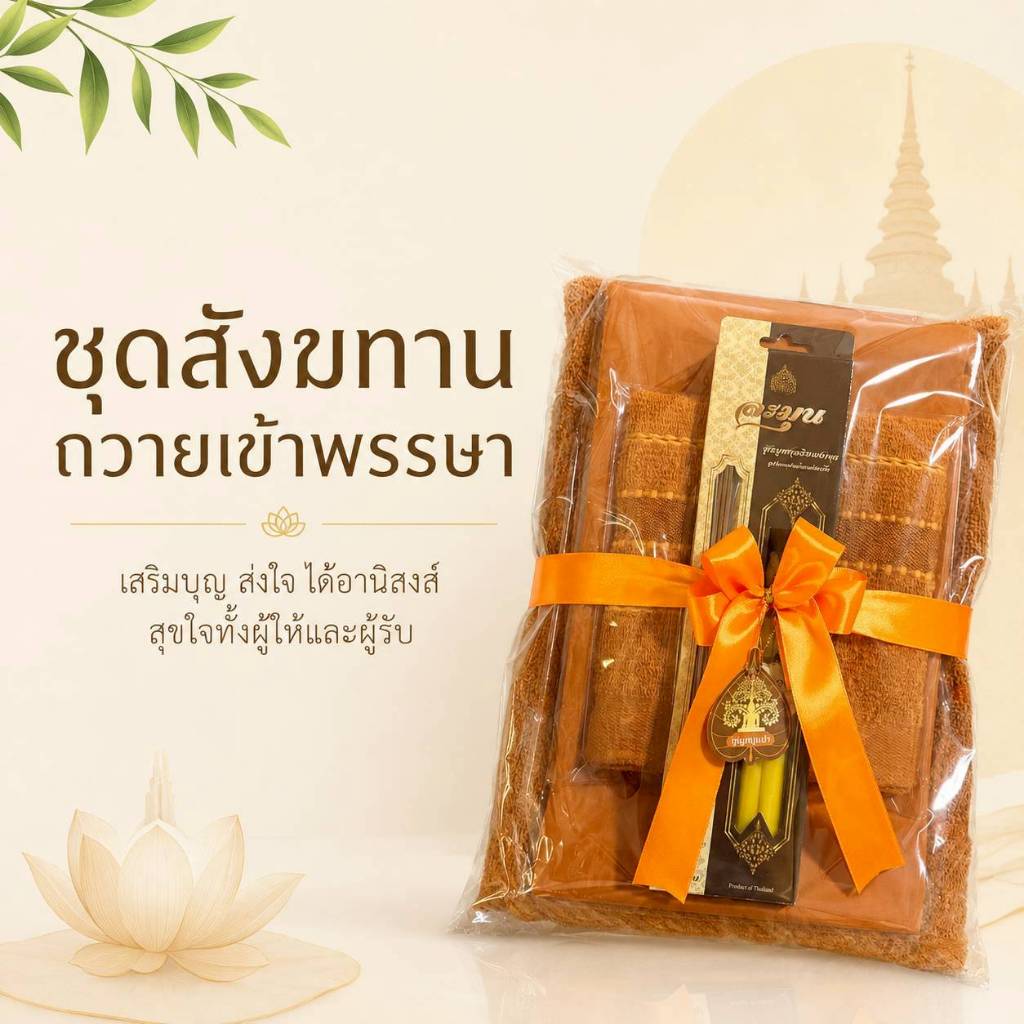 ชุดเซทถวายสังฆทานเข้าพรรษาผ้าขนหนู+ผ้าอาบน้ำฝนและชุดธูปเทียนคุณภาพดี