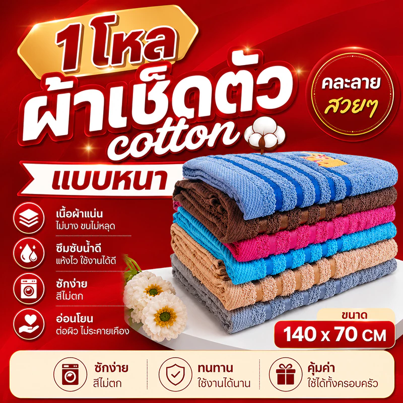 ผ้าเช็ดตัว cotton 140x70cm (1โหล12ผืน)