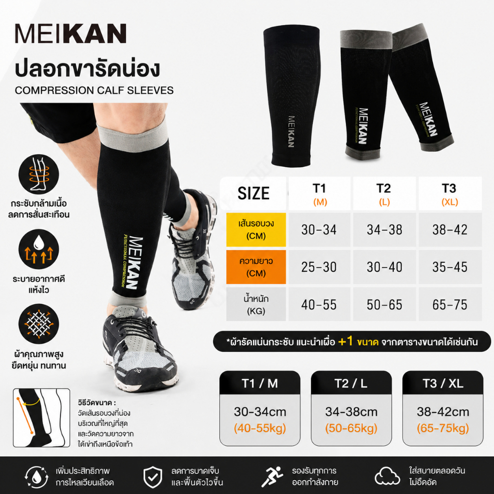(2ชิ้น) MEIKAN ปลอกรัดน่อง ปลอกขาใส่ออกกำลังกาย วิ่ง ปั่นจักรยาน ลดการเมื่อยล้า กระชับกล้ามเนื้อน่อง