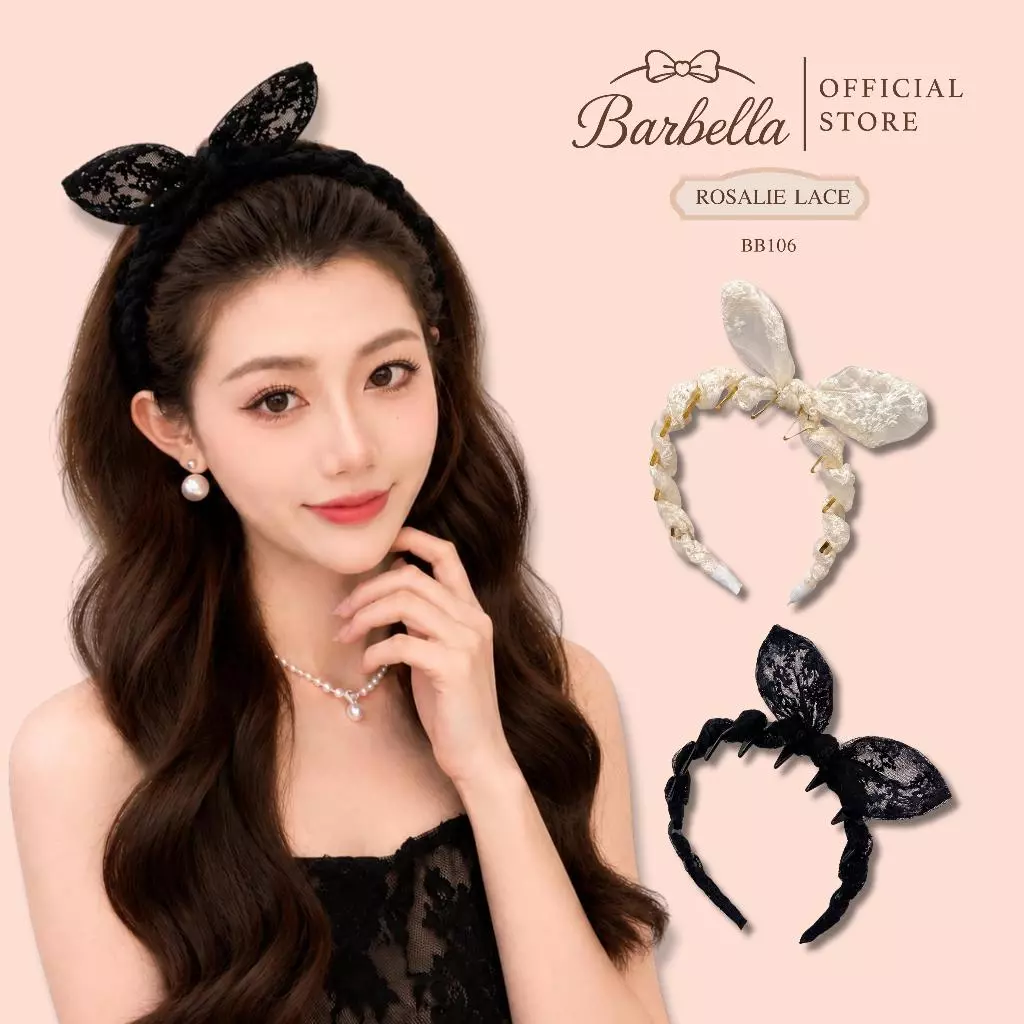 Barbella ที่คาดผมโบว์ลูกไม้เกาหลี สไตล์ลูกคุณ หวานละมุน รุ่น Rosalie Lace (BB106)