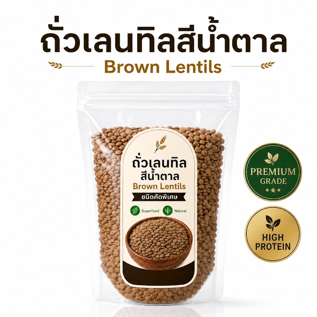 ถั่วเลนทิลสีน้ำตาล Brown Lentils เกรดพรีเมียม | โปรตีนสูง ดัชนีน้ำตาลต่ำ Low GI | หุงผสมข้าว ทำซุป แกง สลัด | Non-GMO