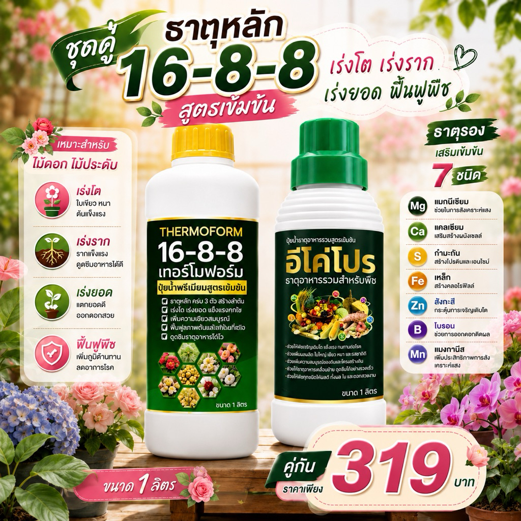 ชุดคู่ NPK 16-8-8 และ อีโค่โปร 7ธาตุอาหารเสริม ปุ๋ยน้ำพรีเมียมสูตรเข้มข้น เร่งโต เร่งราก เร่งยอด ใบเขียว ขวดละ1ลิตร