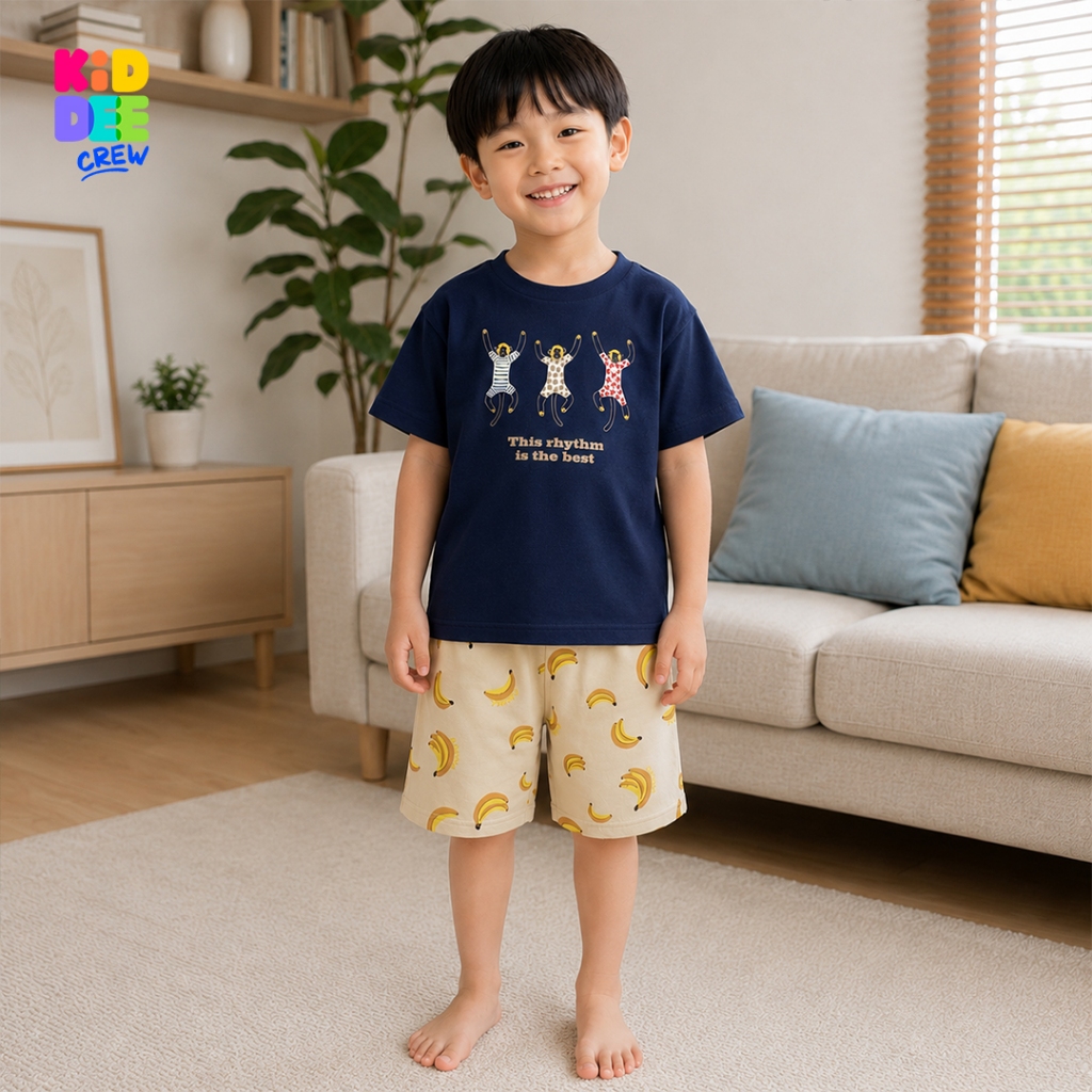 KiddeeCrew ชุดเซ็ตเด็ก คู่ เสื้อสีน้ำเงินลายลิง กางเกงกล้วยหอม แขนสั้นขาสั้น เหมาะสำหรับอายุ 1-12 ปี