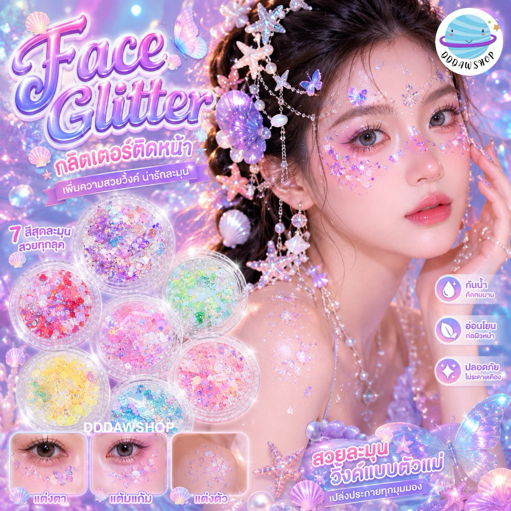 กลิตเตอร์แต่งหน้า ฟรีกาวกันน้ำ+ที่คีบ ไข่มุกติดหน้า เพชรติดหน้า ผีเสื้อติดหน้า โบว์ติดหน้า ดอกไม้ติดหน้า กากเพชรแต่งหน้า