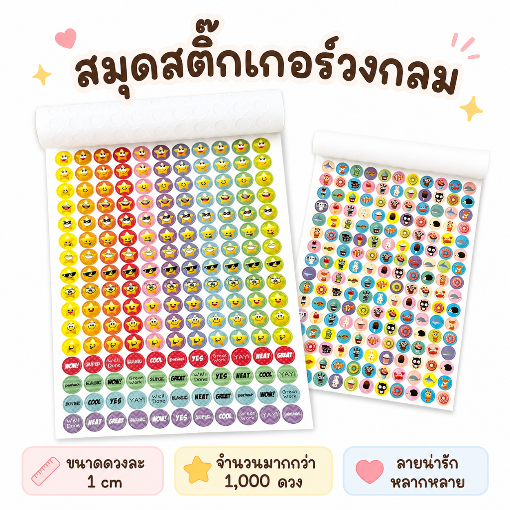 สมุดสติ๊กเกอร์วงกลม สติ๊กเกอร์รางวัลเด็ก (1,056 ดวง) ขนาด 1 cm ลายน่ารัก อีโมจิ ตกแต่งแพลนเนอร์ ไดอารี่ ปฏิทิน